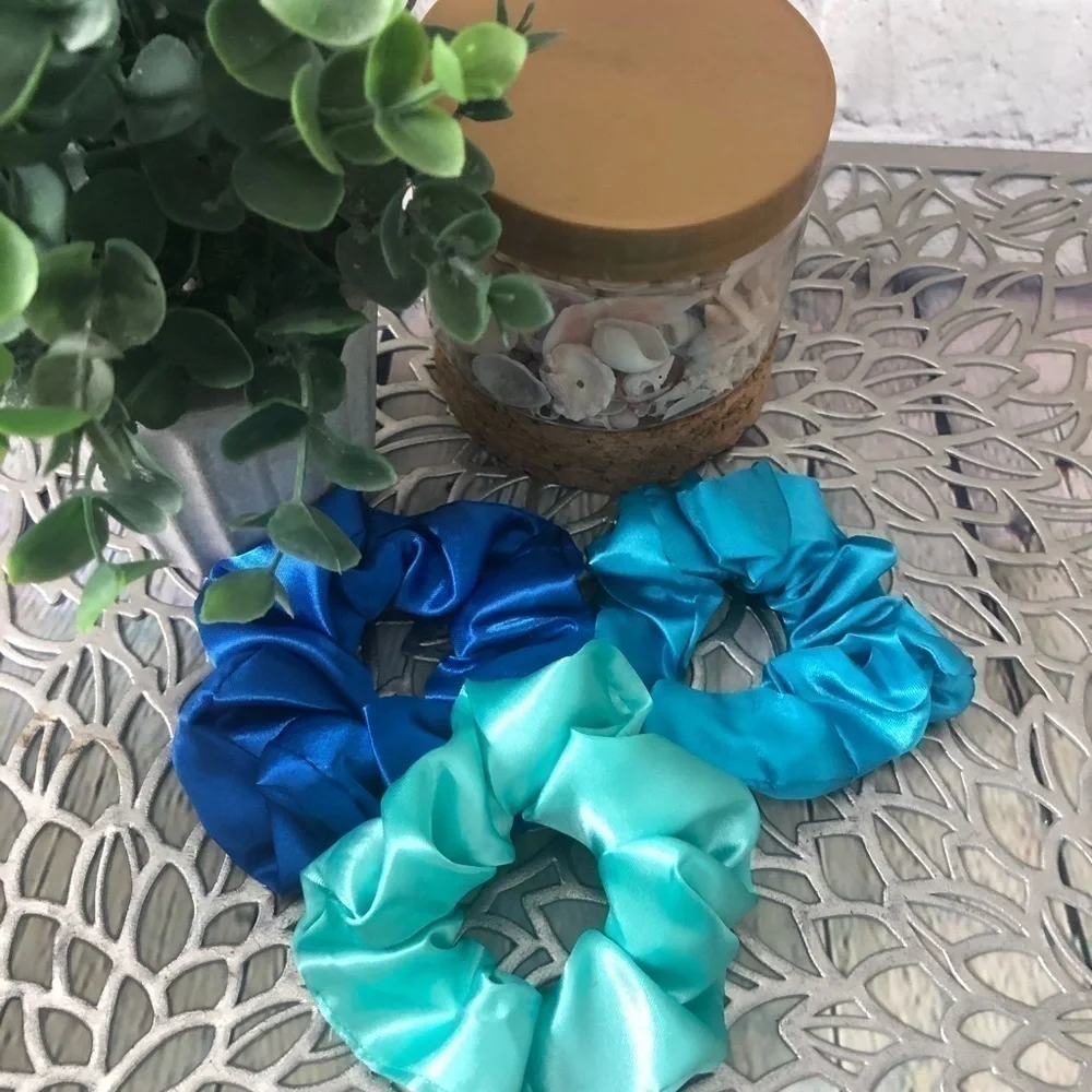 3 New Silk Scrunchies Blue, Teal Mint Color